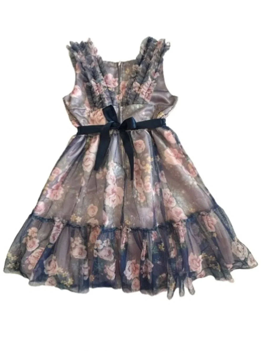 Kensie Girl Size 12 Pink Floral on Navy Tiered Ruffle Formal Dress Fully Lined